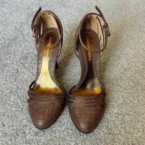 Like New BCBGMAXAZRIA Brown/Gold Leather Heels Size 5.5 - Picture 2 of 7